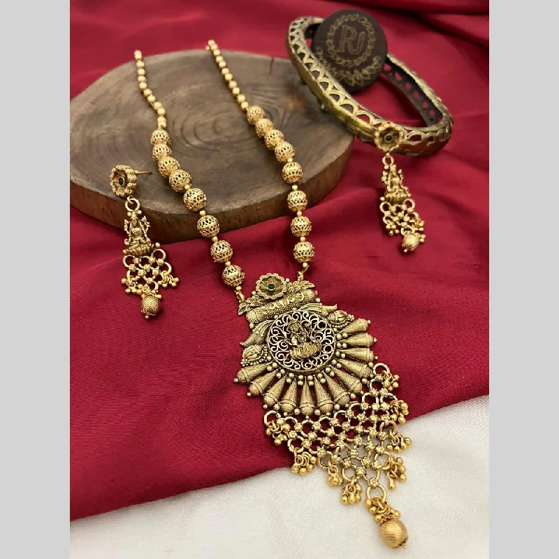 Women's necklaces striking-chic-FS Collection Gold Plated Pota Stone And Pearls Temple Long Necklace Set