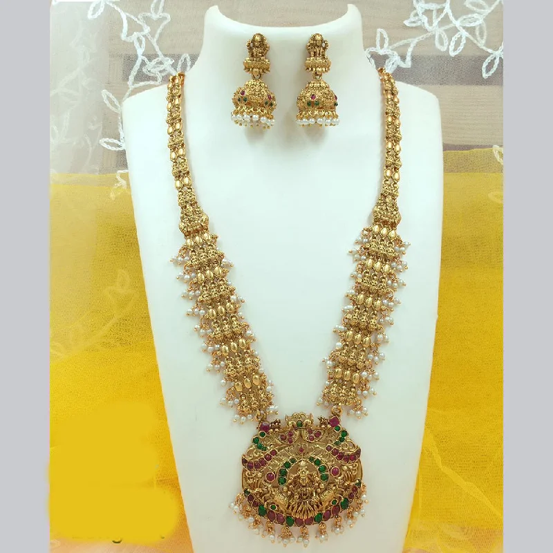 Women's necklaces fine-silver-FS Collection Gold Plated Pota Stone And Pearl Temple Long Necklace Set