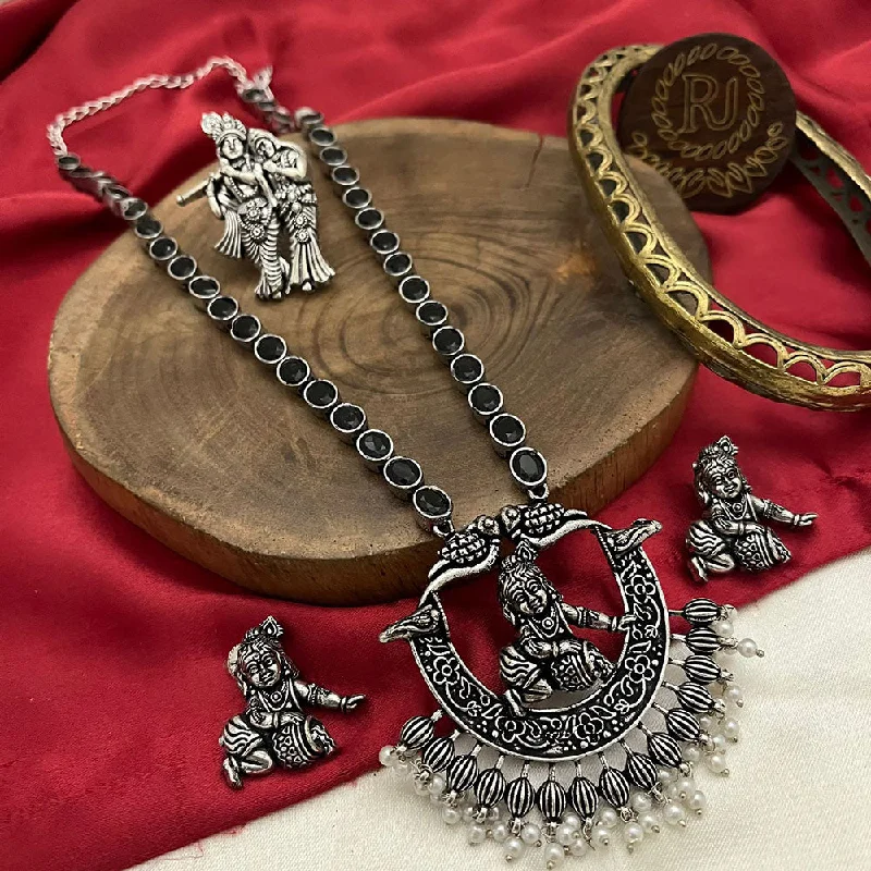 Women's necklaces fine-design-FS Collection Oxidised Plated Pota Stone Temple Long Necklace Set