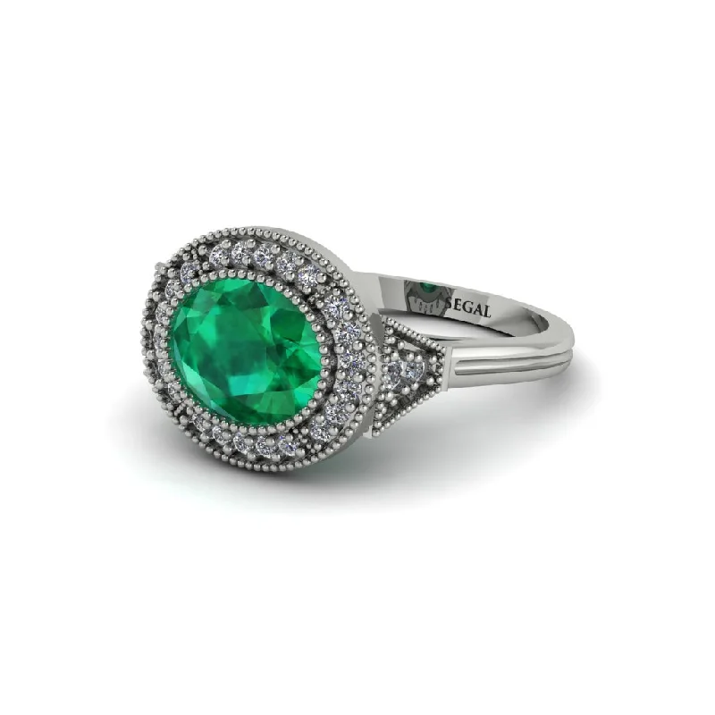 Women's engagement rings rare-style-Oval Cut Emerald Milgrain Halo Engagement Ring - Alexandria No. 6