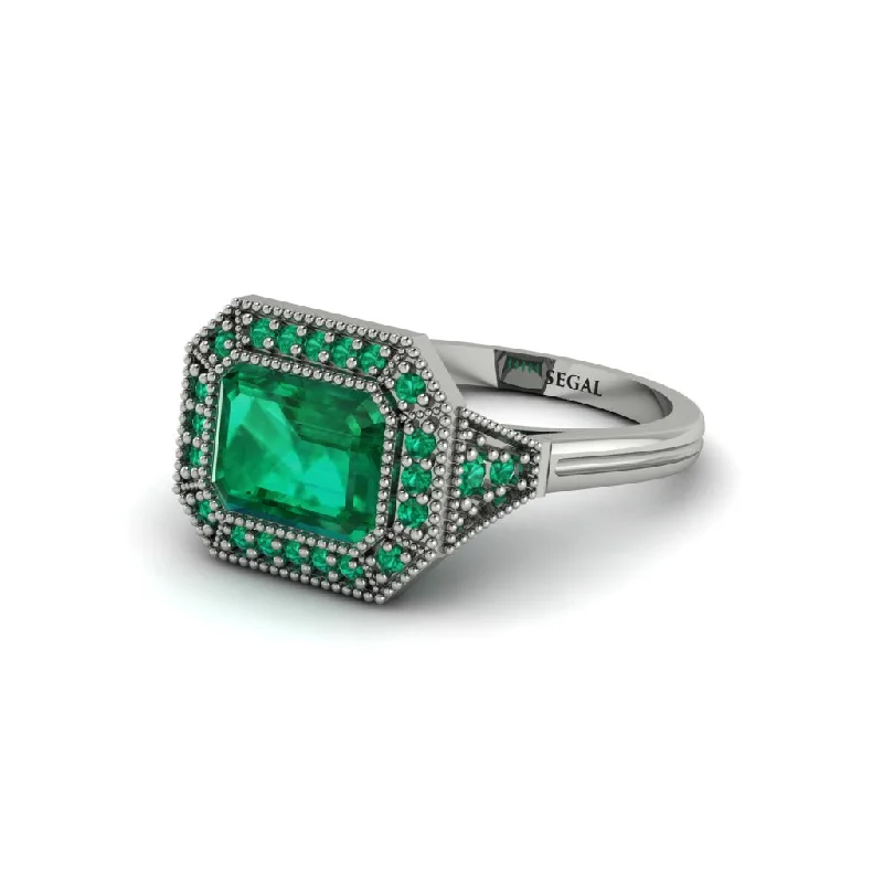 Women's engagement rings modern-grace-Emerald Cut Emerald Milgrain Halo Engagement Ring - Juniper No. 21