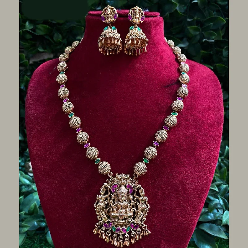 Women's necklaces refined-blush-Royal Kundan Jewellery Gold Plated Pota Stone Temple Necklace Set