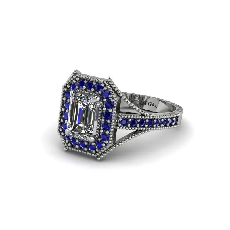 Women's engagement rings radiant-gemstone-Emerald Cut Sapphire Milgrain Halo Engagement Ring - Xanthe No. 63