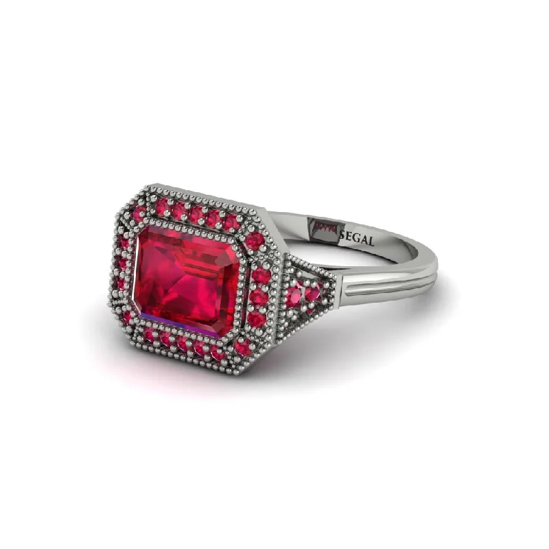 Women's engagement rings ruby-Emerald Cut Ruby Milgrain Halo Engagement Ring - Juniper No. 57