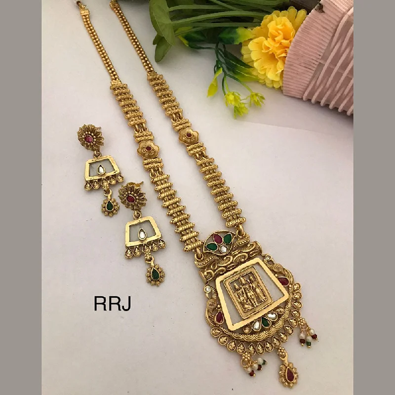 Women's necklaces daily-elegance-FS Collection Gold Plated Kundan Stone Temple Necklace Set