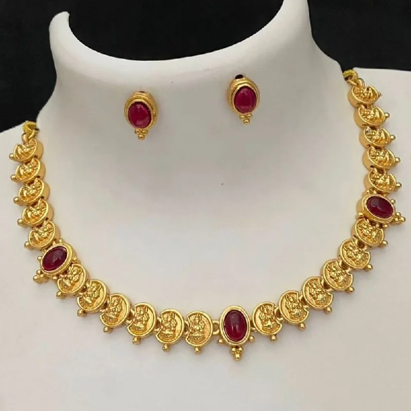 Women's necklaces slim-profile-Joyful Jewel Art Matte Gold Plated Pota Stone Temple Necklace Set