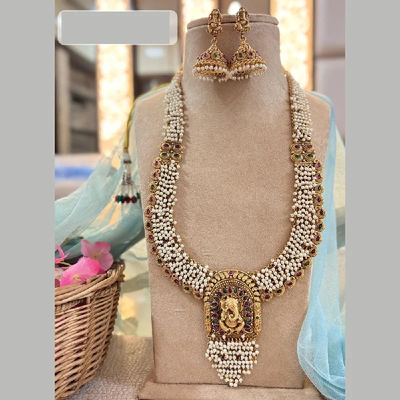 Women's necklaces sturdy-metal-Jewel Addiction Gold Plated Pota Stone And Pearls Temple Long Necklace Set