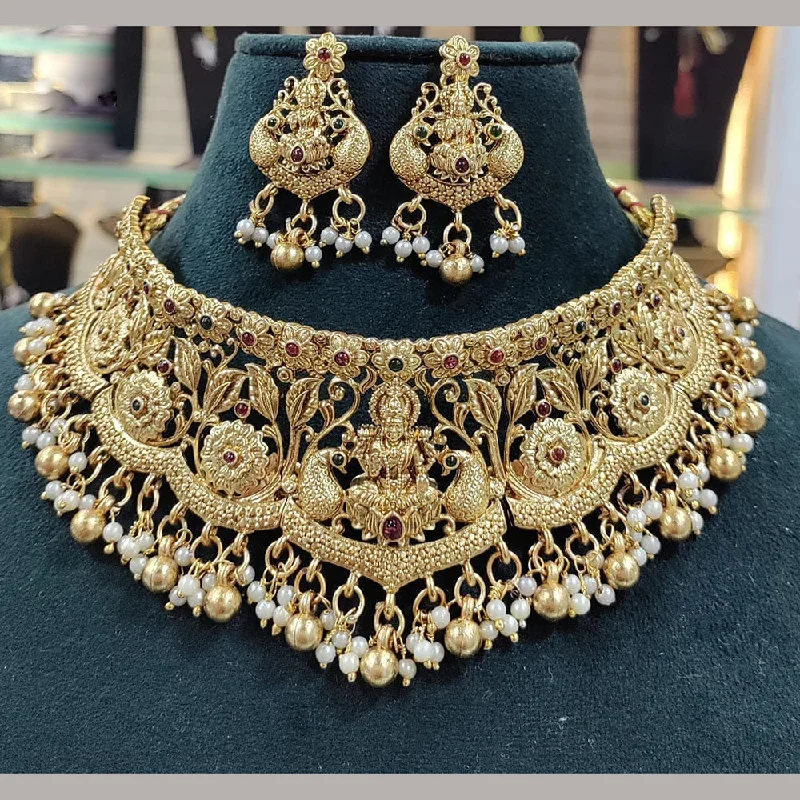 Women's necklaces refined-Manisha Jewellery Gold Plated Pota Stone And Pearls Temple Choker Necklace Set