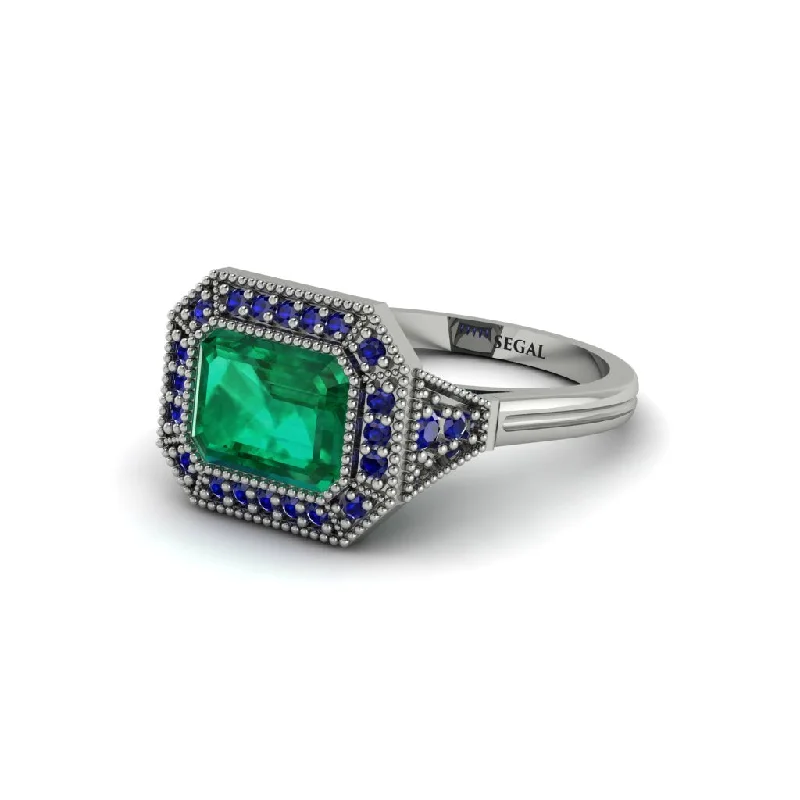 Women's engagement rings love-story-Emerald Cut Emerald Milgrain Halo Engagement Ring - Juniper No. 66