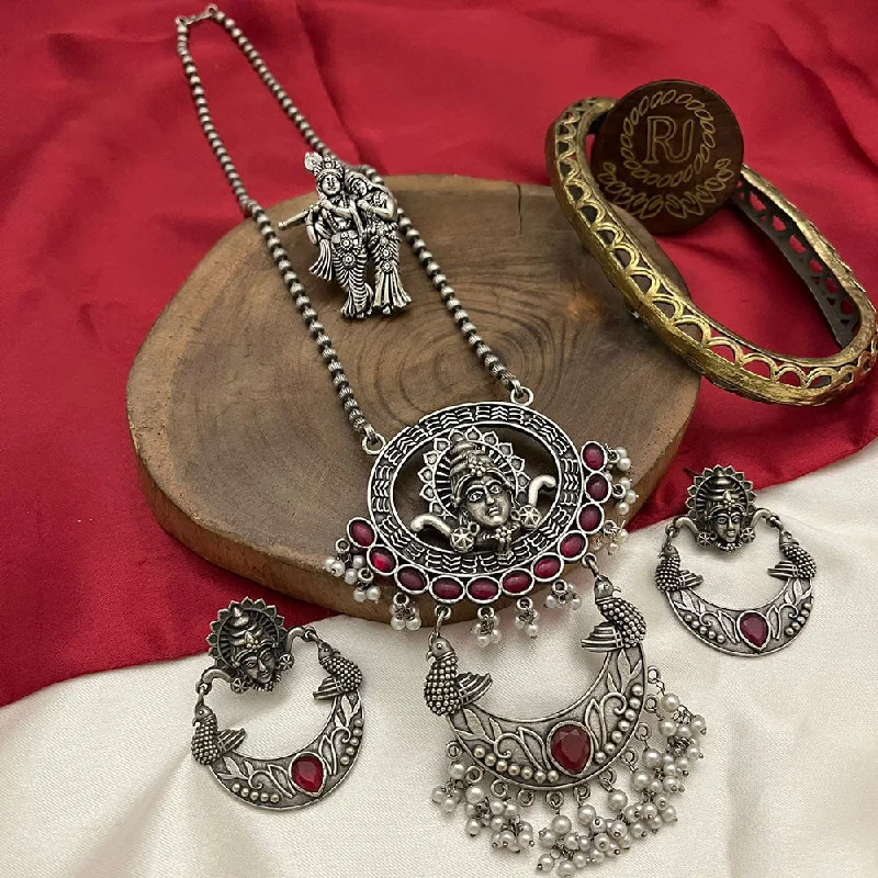 Women's necklaces soft-feminine-FS Collection Oxidised Plated Pota Stone Temple Long Necklace Set