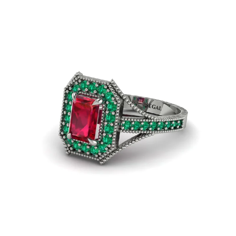 Women's engagement rings rare-style-Emerald Cut Emerald Milgrain Halo Engagement Ring - Xanthe No. 27