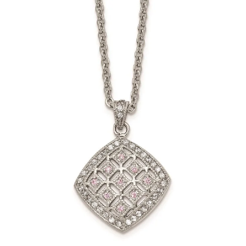 Women's necklaces baroque-Stainless Steel Polished Clear and Pink CZ Square Necklace