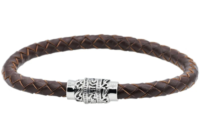 Women's bracelets contemporary-gem-Mens Brown Leather And Stainless Steel Bracelet