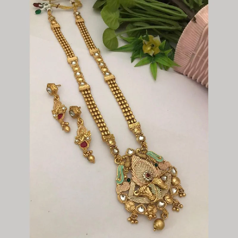 Women's necklaces radiant-stone-FS Collection Gold Plated Pota Stone Meenakari Temple Long Necklace Set