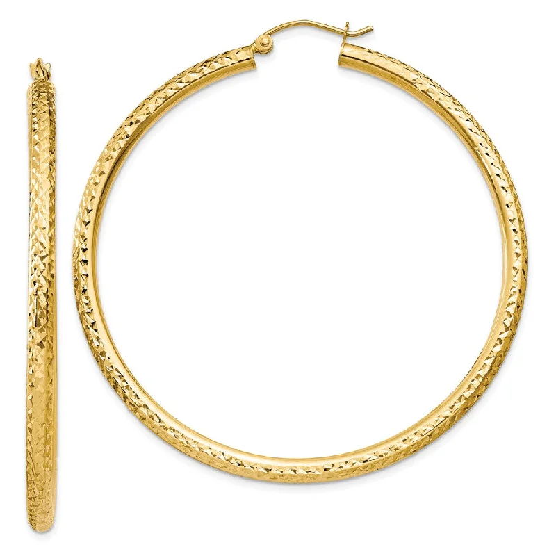 Women's earrings fine-fit-3mm x 55mm, 14k Yellow Gold, Diamond-cut Round Hoop Earrings