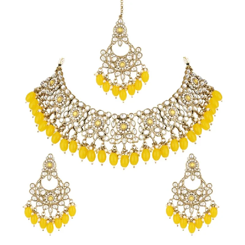 Women's necklaces spiral-Etnico Gold Plated Traditional Kundan Pearl Drop Bridal Choker Necklace With Chandbali Earrings & Maang Tikka Jewellery Set For Women/Girls (K7256Y)