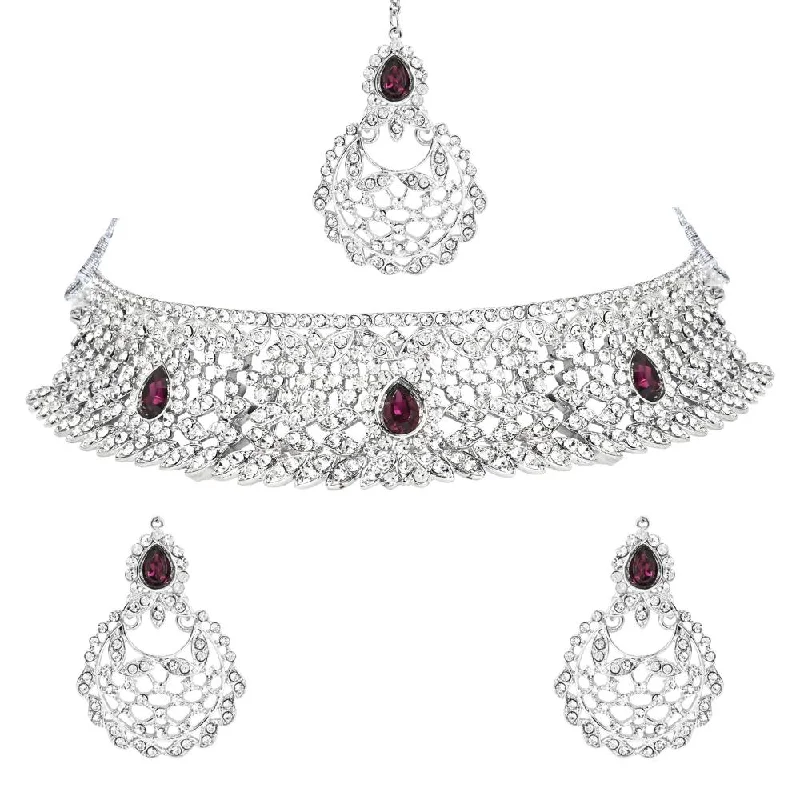 Women's necklaces striking-gemstone-Etnico Silver Plated Traditional Design Stone Work Choker Necklace Jewellery Set With Chandbali Earring & Maang Tikka For Women/Girls (M4170ZWi)