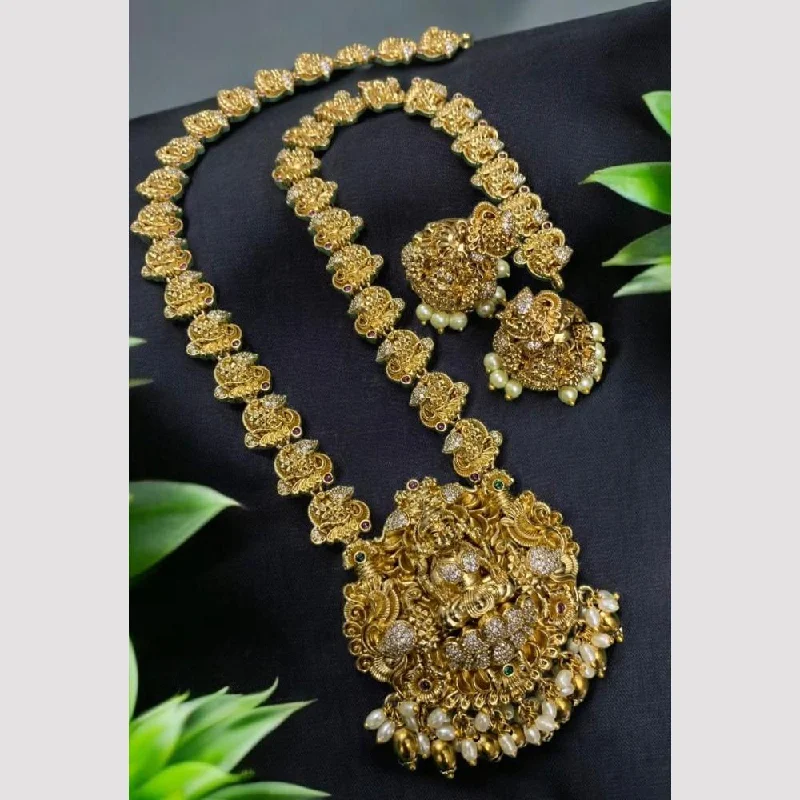 Women's necklaces striking-metal-Sona Creation Gold Plated Austrian Stone And Pearls Temple Long Necklace Set