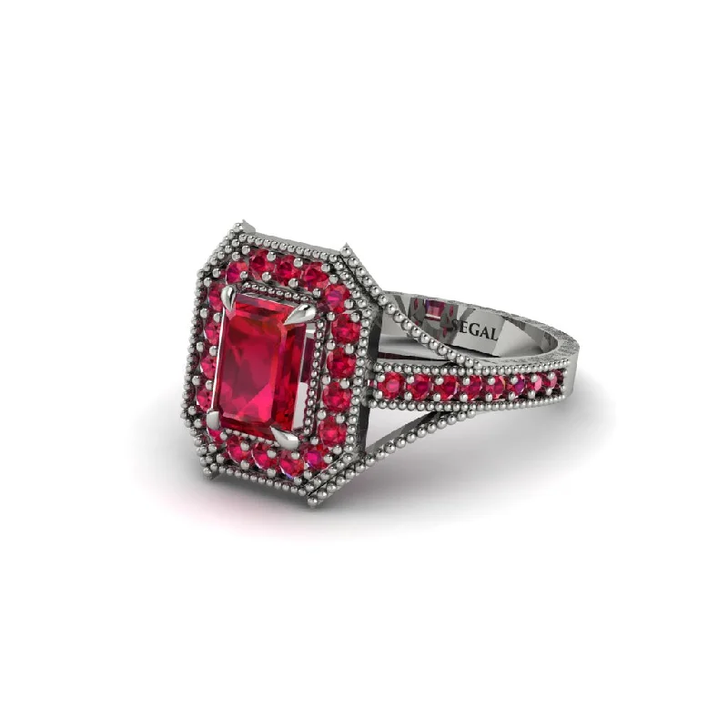 Women's engagement rings forever-gem-Emerald Cut Ruby Milgrain Halo Engagement Ring - Xanthe No. 57