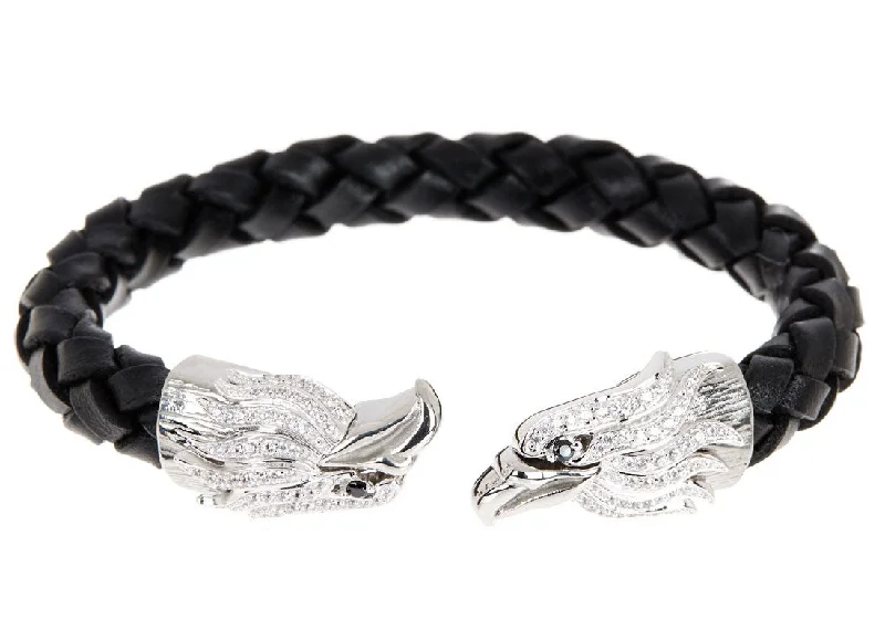 Women's bracelets chic-gift-Mens Black Leather Stainless Steel Eagle Bracelet With Cubic Zirconia