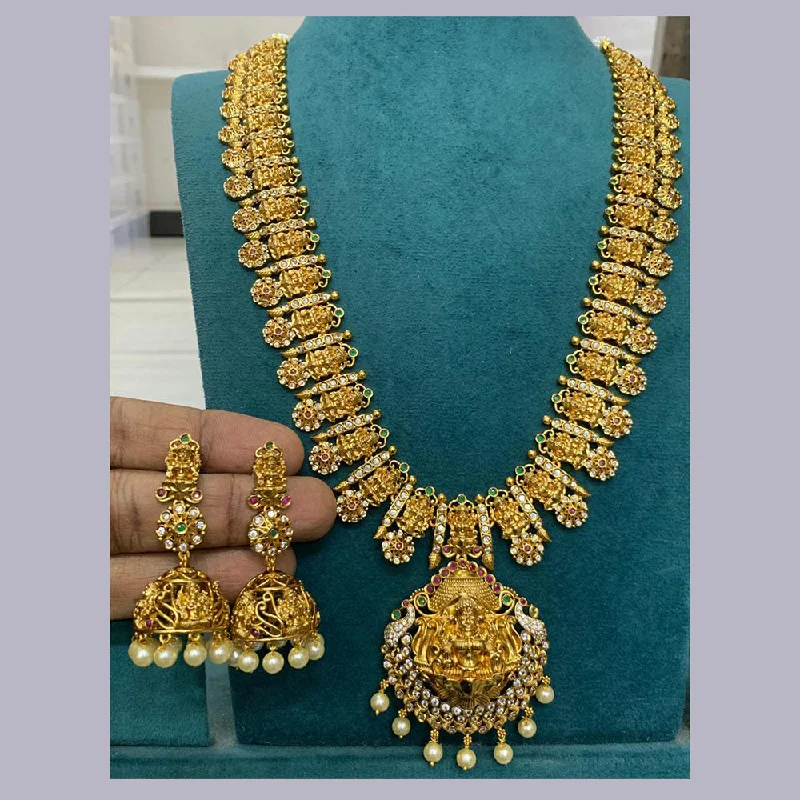 Women's necklaces fine-rose-Sona Creation Gold Plated Austrian Stone And Pearls Temple Necklace Set