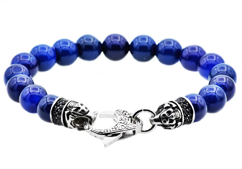 Women's bracelets sturdy-metal-Mens Genuine Blue Agate Stainless Steel Beaded Bracelet With Black Cubic Zirconia