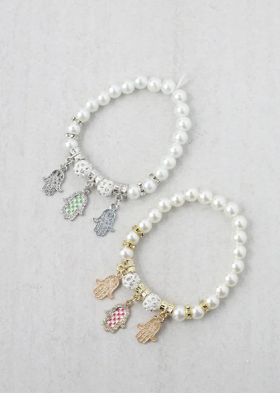 Women's bracelets aquamarine-Pearl + Hamsa Hand Bracelet