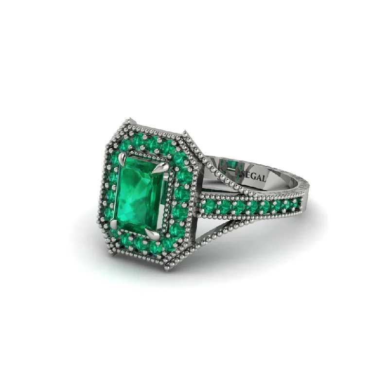 Women's engagement rings ethical-gold-Emerald Cut Emerald Milgrain Halo Engagement Ring - Xanthe No. 21