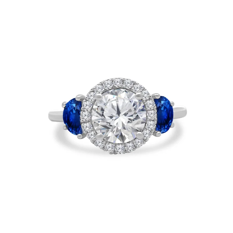 Women's rings fine-classic-Round with Halo and Half Moon Cut Side Stones