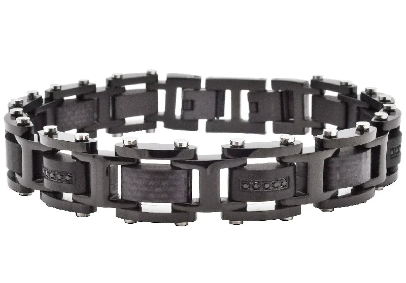 Women's bracelets striking-design-Men's Black Stainless Steel Bracelet With Black Carbon Fiber And Cubic Zirconia