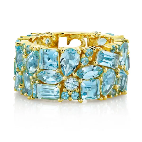 Women's rings artisan-style-18k Yellow Gold Blue Topaz Mix Shape Band