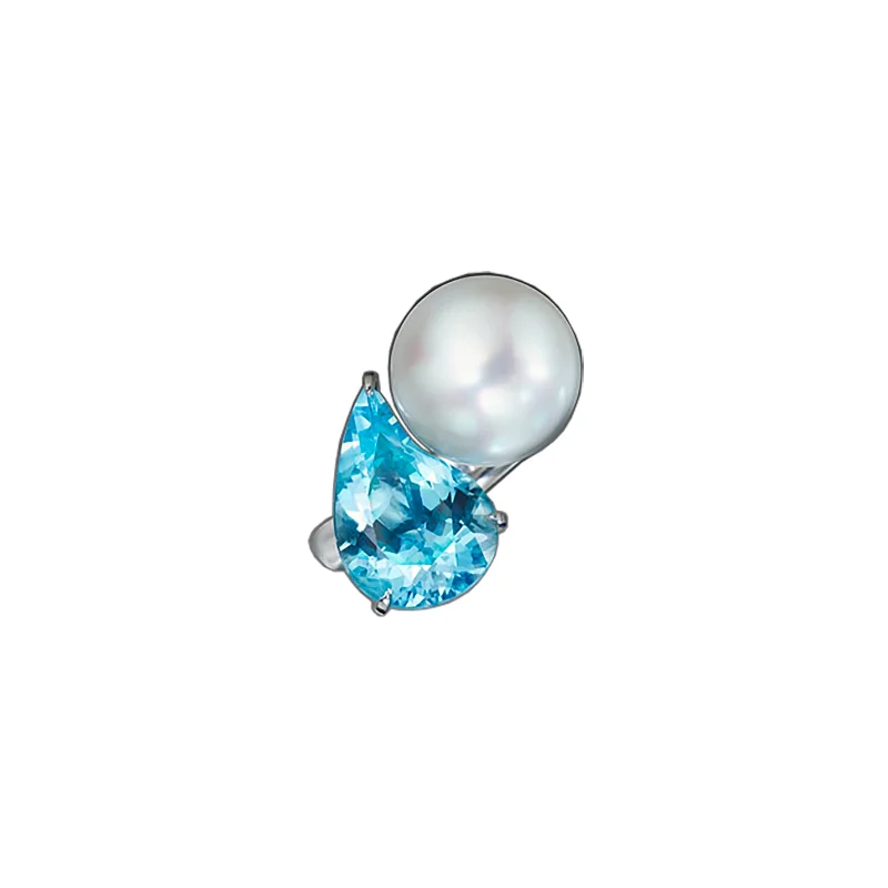 Women's rings contemporary-gem-Paisley South Sea Pearl & Mozambique Aquamarine Ring