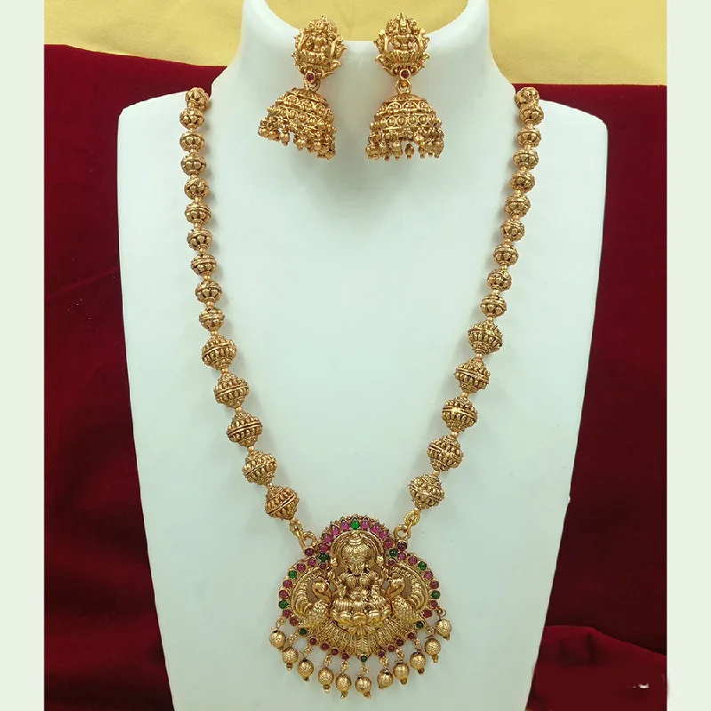 Women's necklaces creative-gem-Joyful Jewel Art Matte Gold Plated Pota Stone Temple Long Necklace Set