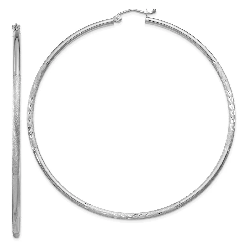 Women's earrings striking-gemstone-2mm x 65mm 14k White Gold Satin & Diamond-Cut Round Hoop Earrings