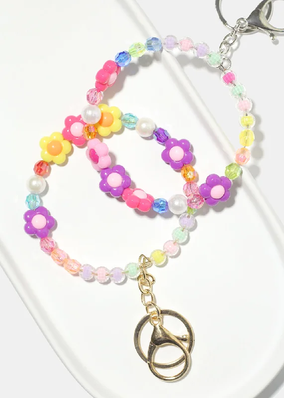 Women's bracelets striking-elegance-Pastel Flower Bead Bracelet Keychain