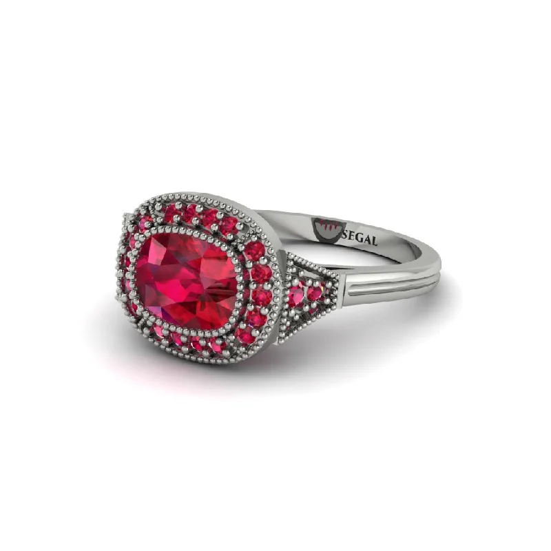 Women's engagement rings radiant-fit-Cushion Cut Ruby Milgrain Halo Engagement Ring - Blake No. 57