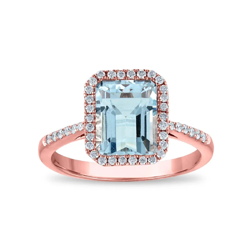 Women's engagement rings proposal-ready-EFFY 9X7MM Emerald Shape Aquamarine and Diamond Halo Engagement Ring in 14KT Rose Gold