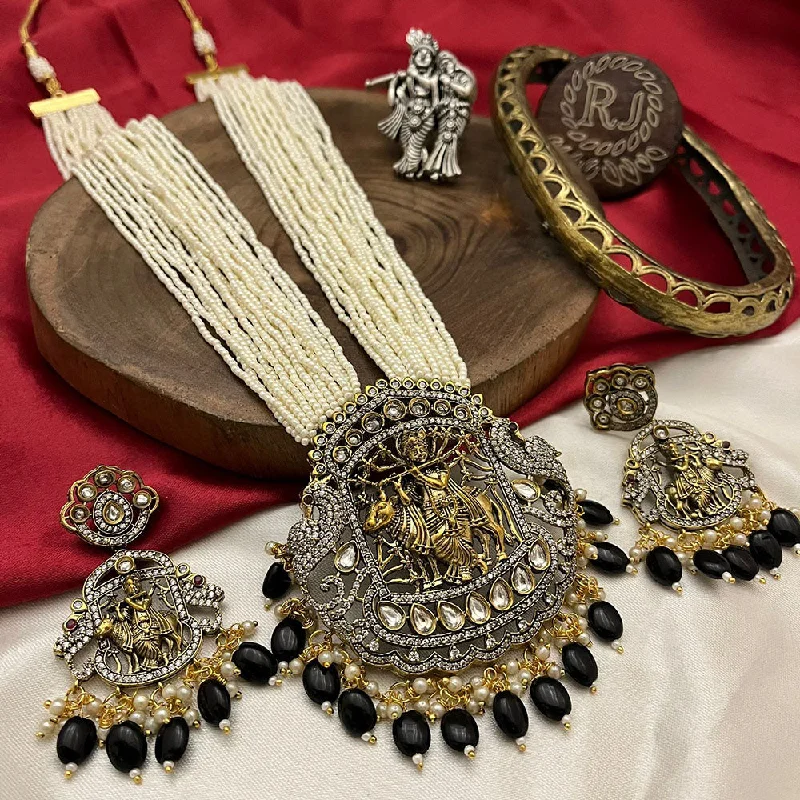 Women's necklaces sturdy-metal-FS Collection Gold Plated Kundan Stone And Pearls Temple Necklace Set