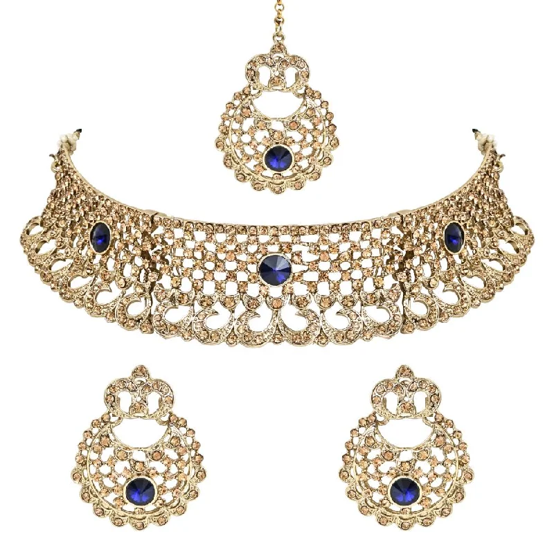 Women's necklaces fine-chic-Etnico Gold Plated Traditional Design Stone Work Choker Necklace Jewellery Set With Chandbali Earring & Maang Tikka For Women/Girls (M4171FLBl