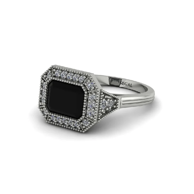 Women's engagement rings dazzling-metal-Emerald Cut Black Diamond Milgrain Halo Engagement Ring - Juniper No. 9