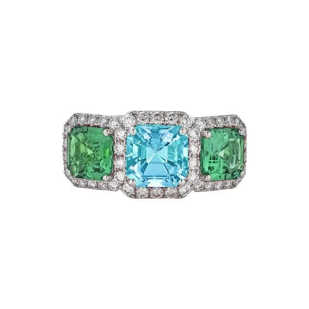 Women's rings artisan-polished-Aquamarine and Green Tourmaline Three-Stone Ring with Diamonds