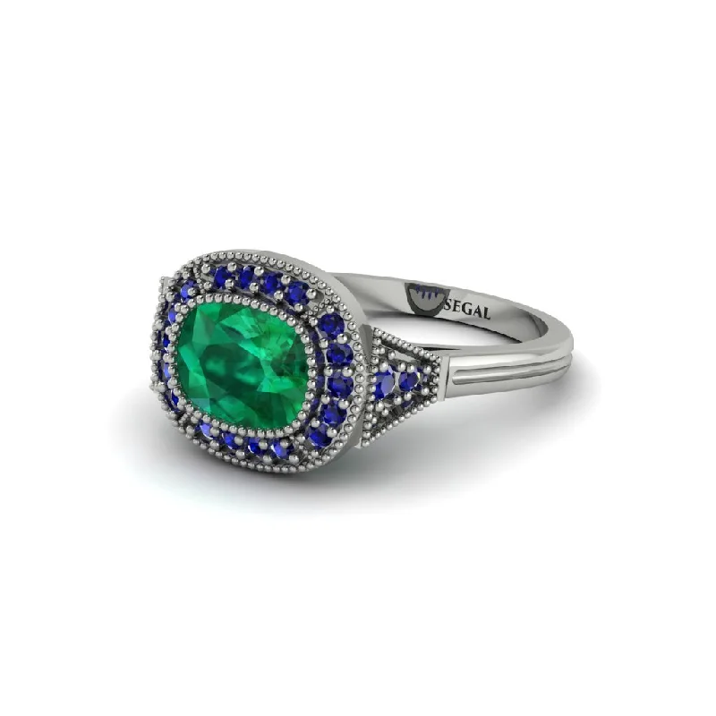 Women's engagement rings rare-style-Cushion Cut Emerald Milgrain Halo Engagement Ring - Blake No. 66