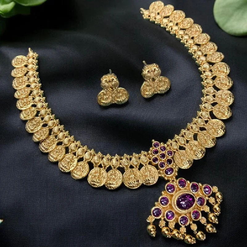 Women's necklaces refined-gold-Sona Creation Gold Plated Pota Stone Temple Necklace Set