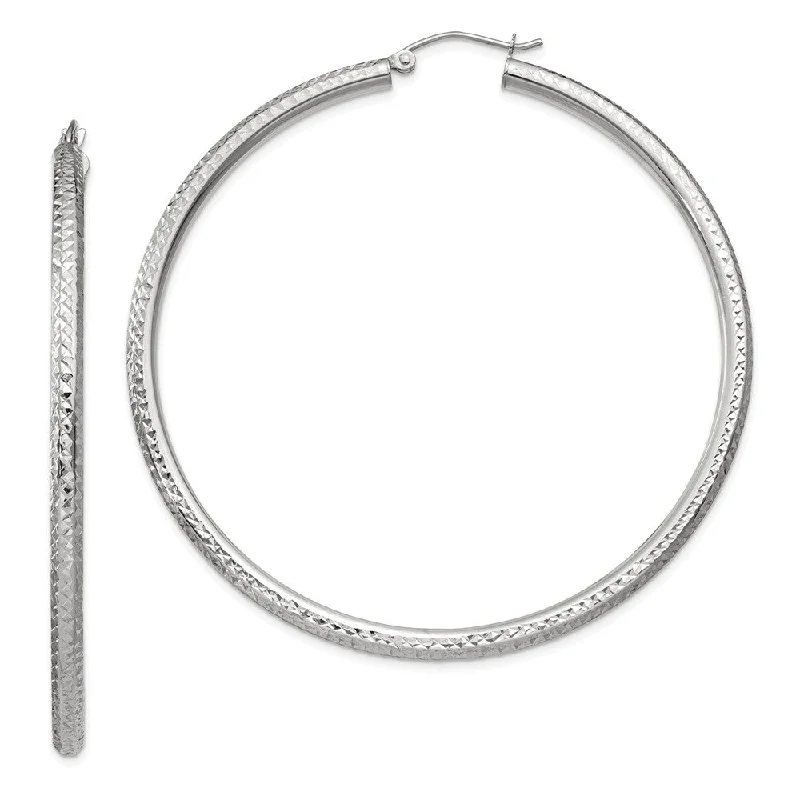 Women's earrings love-gem-3mm x 60mm, 14k White Gold, Diamond-cut Round Hoop Earrings