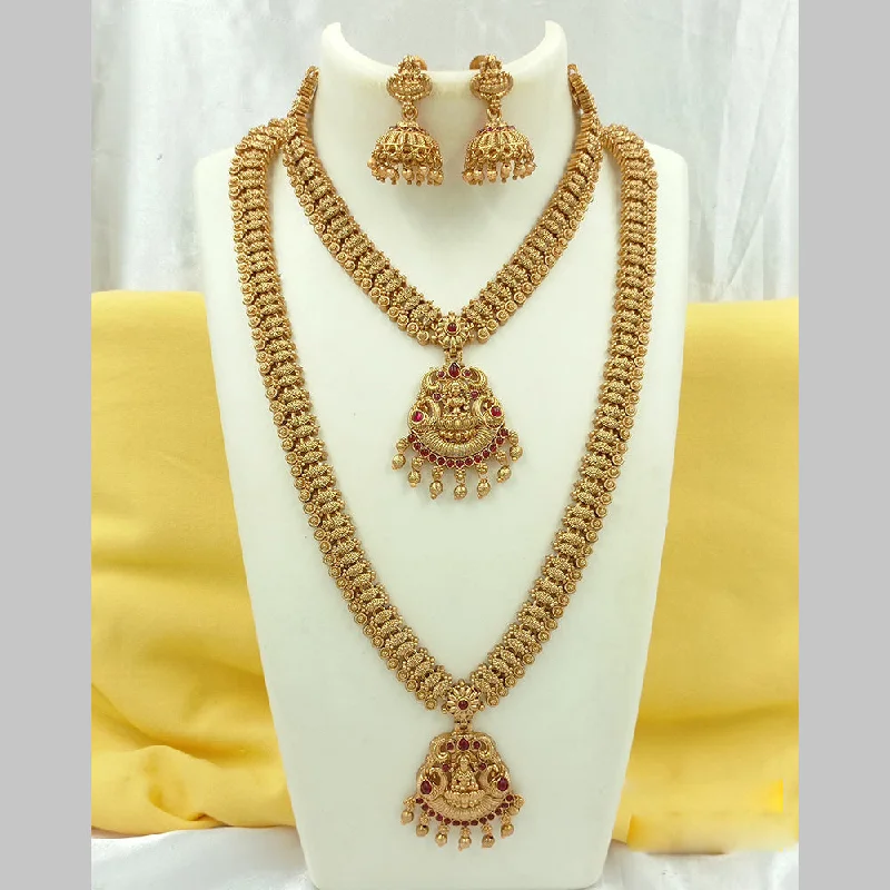 Women's necklaces striking-elegance-Joyful Jewel Art Matte Gold Plated Pota Stone Temple Long Necklace Combo