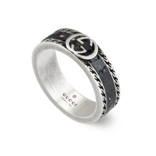 Women's rings fine-style-STSLVR GUCCI BLACK ENAMEL INTERLOCKING G RING