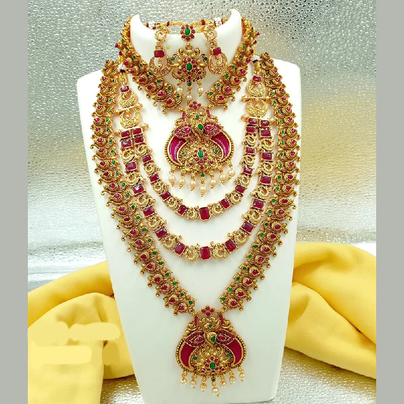 Women's necklaces fine-classic-Joyful Jewel Art Matte Gold Plated Pota Stone Temple Long Necklace Combo