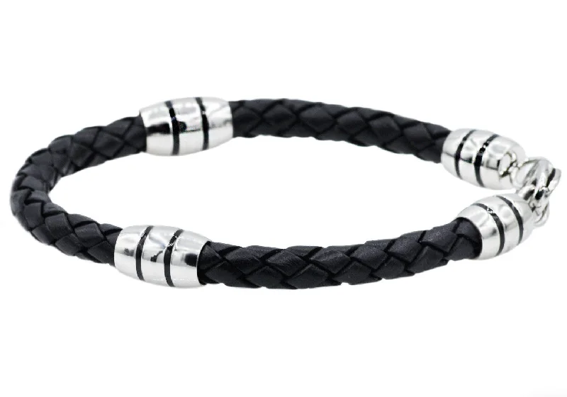 Women's bracelets evening-gem-Mens Black Leather Stainless Steel Bracelet