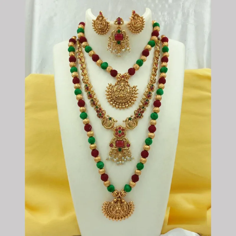 Women's necklaces striking-gemstone-Joyful Jewel Art Matte Gold Plated Pota Stone Temple Long Necklace Combo