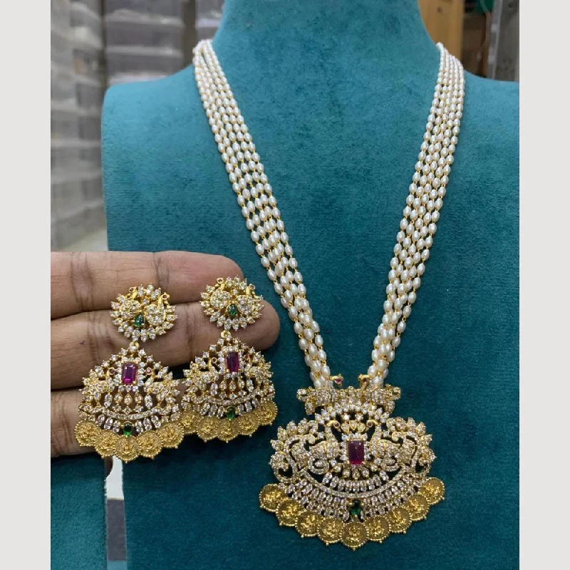 Women's necklaces peridot-Sona Creation Gold Plated Austrian Stone And Pearls Temple Necklace Set